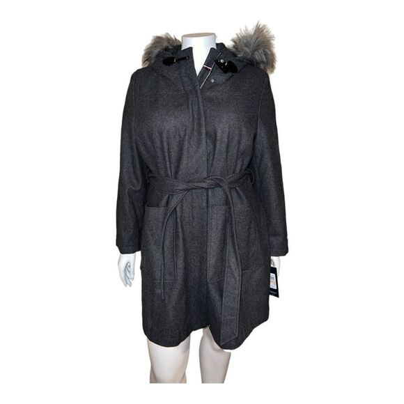 Tommy Hilfiger Plus Size Faux-Fur Hooded Medium Heather Grey Wool Coat 2X NWT - Picture 2 of 9